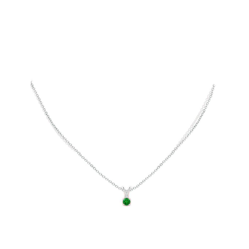 Round Cut Natural Round 0.24ct Emerald Solitaire Pendant with Diamond in 14K White Gold For Sale