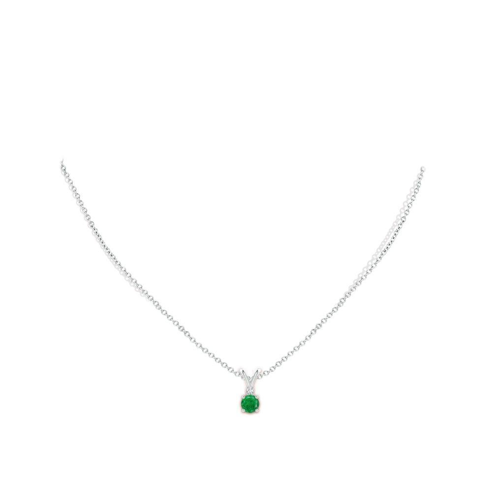 Round Cut Natural Round 0.45ct Emerald Solitaire Pendant with Diamond in 14K White Gold For Sale