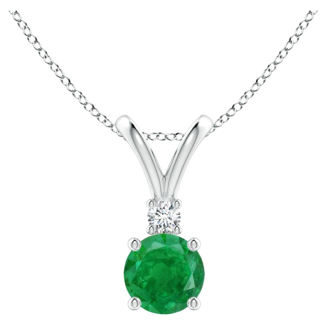 Natural Round 0.45ct Emerald Solitaire Pendant with Diamond in 14K White Gold For Sale