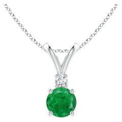 Natural Round 0.45ct Emerald Solitaire Pendant with Diamond in 14K White Gold