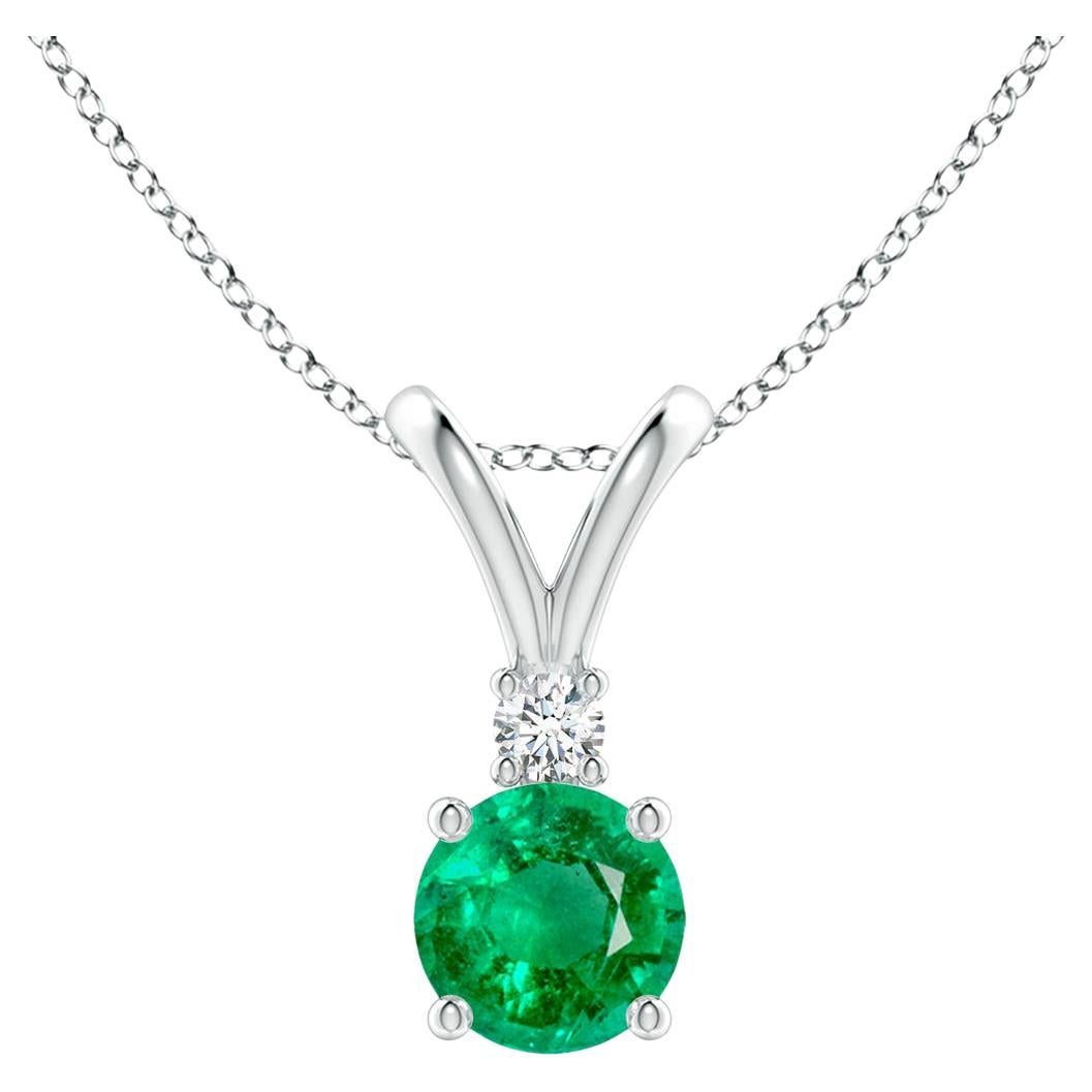 Natural Round 0.45ct Emerald Solitaire Pendant with Diamond in 14K White Gold  For Sale