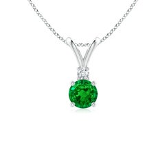 Natural Round 0.45ct Emerald Solitaire Pendant with Diamond in 14K White Gold