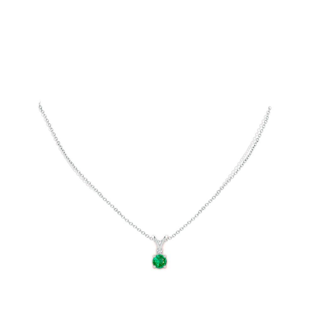 Round Cut Natural Round 0.75ct Emerald Solitaire Pendant with Diamond in 14K White Gold For Sale