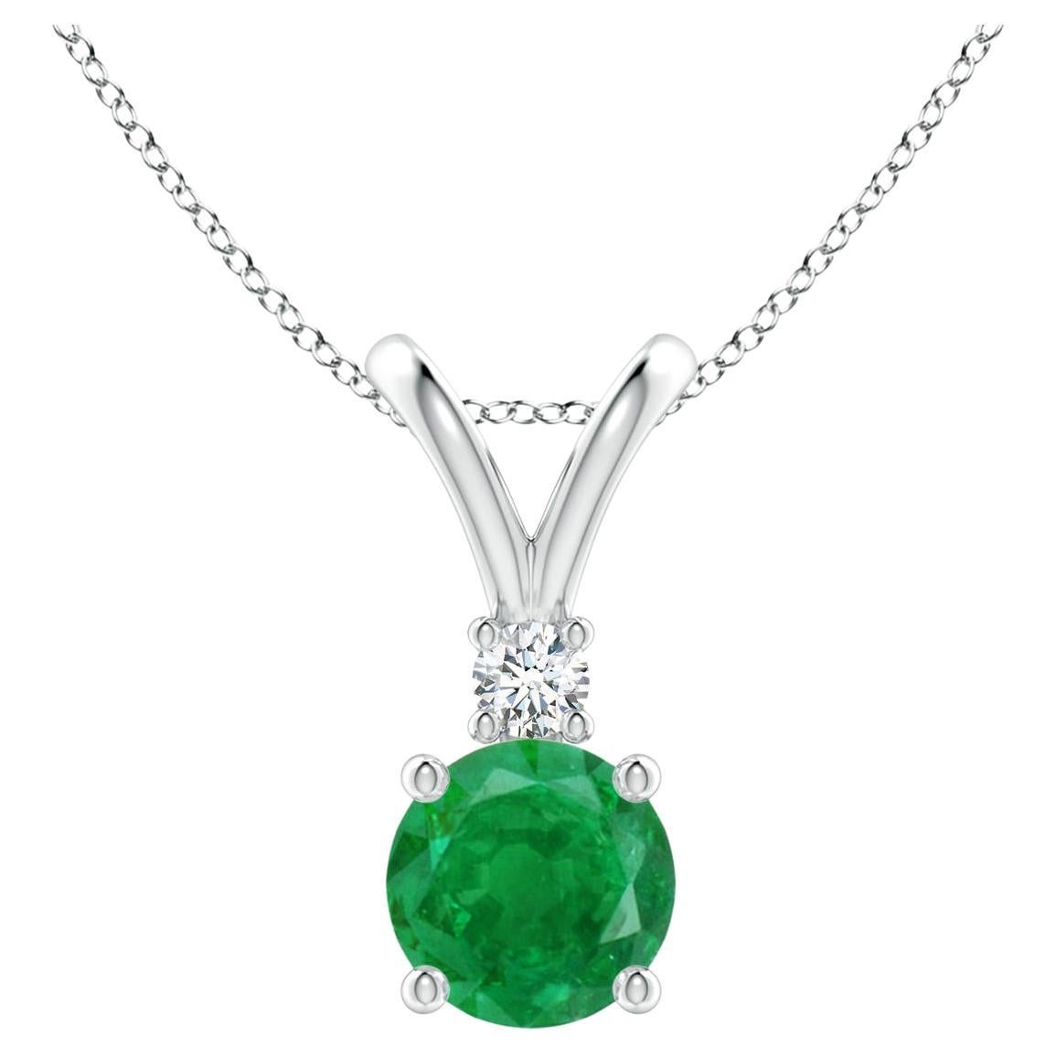 Natural Round 0.75ct Emerald Solitaire Pendant with Diamond in 14K White Gold