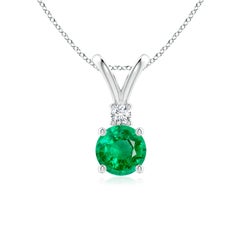 Natural Round 0.75ct Emerald Solitaire Pendant with Diamond in 14K White Gold