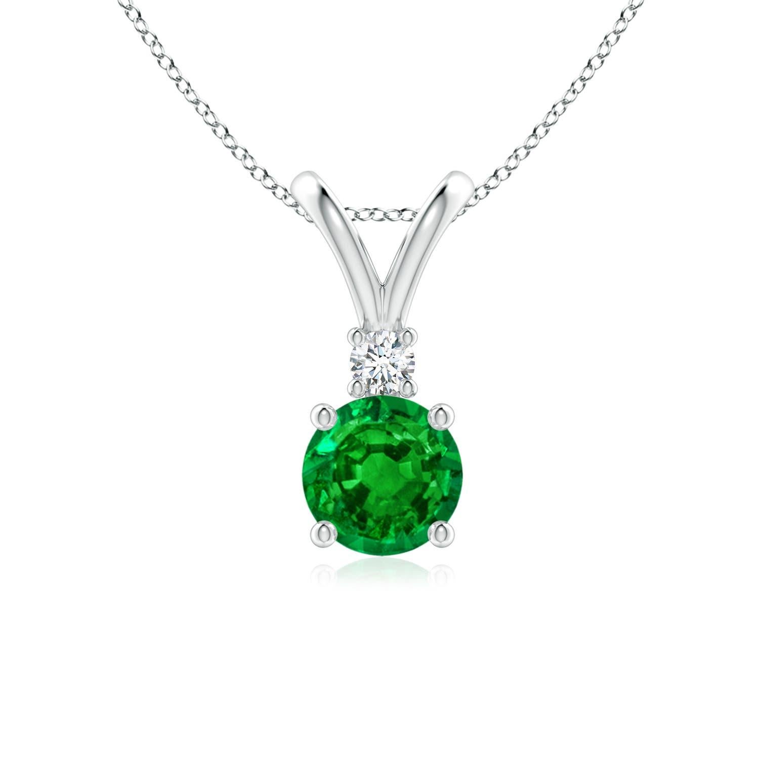 Natural Round 0.75ct Emerald Solitaire Pendant with Diamond in 14K White Gold For Sale