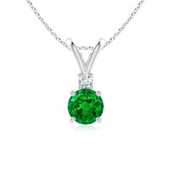 Natural Round 0.75ct Emerald Solitaire Pendant with Diamond in 14K White Gold