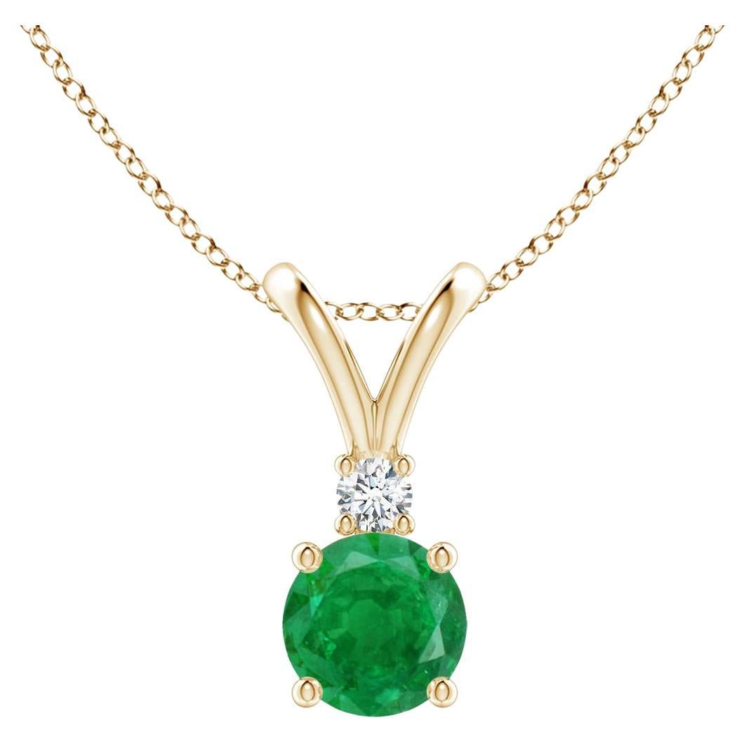 Natural Round 0.45ct Emerald Solitaire Pendant with Diamond in 14K Yellow Gold For Sale