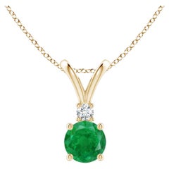 Natural Round 0.45ct Emerald Solitaire Pendant with Diamond in 14K Yellow Gold