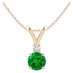 Natural Round 0.45ct Emerald Solitaire Pendant with Diamond in 14K Yellow Gold
