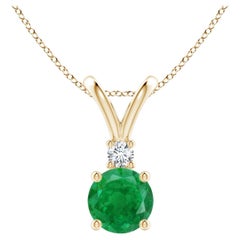 Natural Round 0.75ct Emerald Solitaire Pendant with Diamond in 14K Yellow Gold