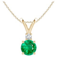 Natural Round 0.75ct Emerald Solitaire Pendant with Diamond in 14K Yellow Gold