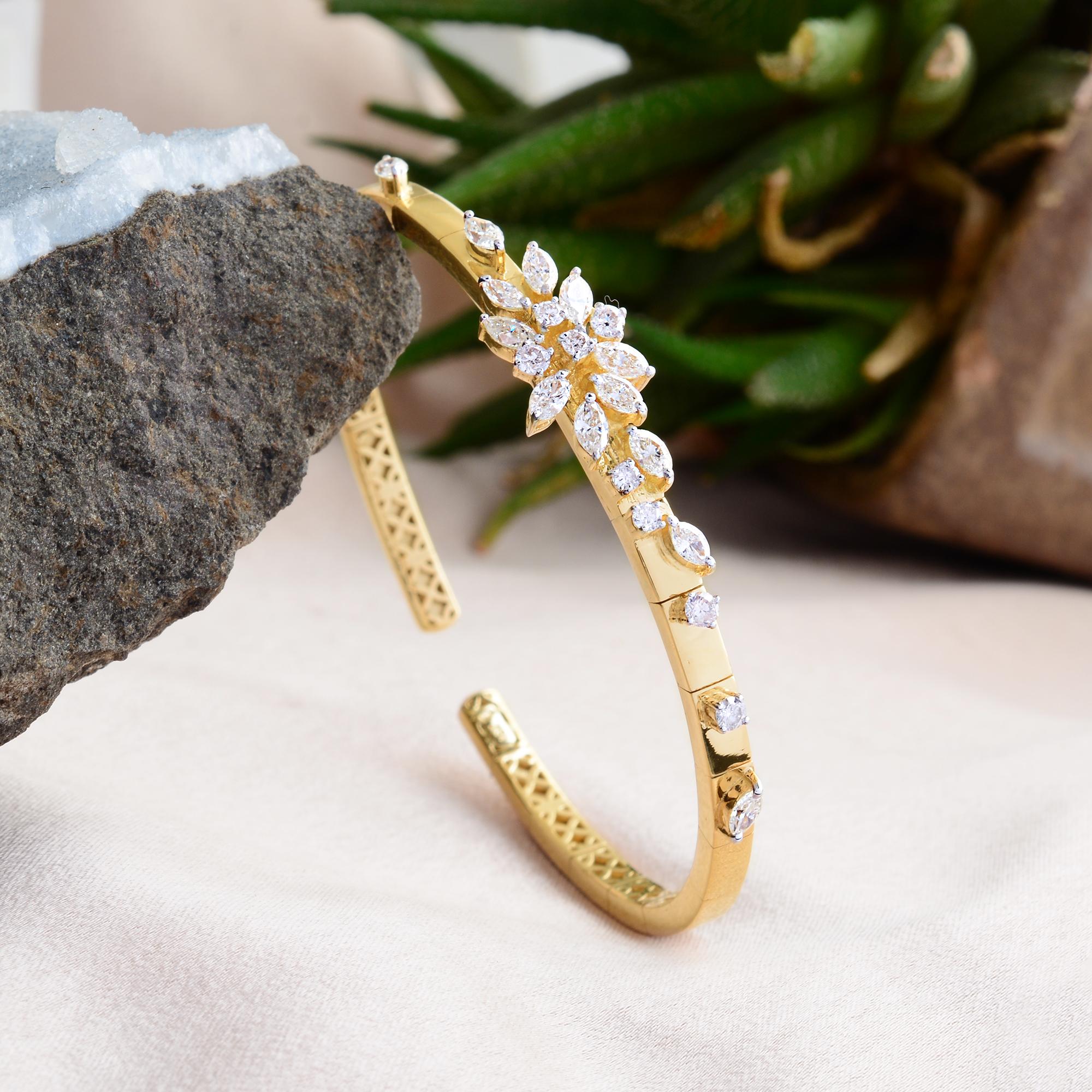 Modern Natural Round Marquise Diamond Cuff Bangle Bracelet 14 Karat Yellow Gold Jewelry For Sale