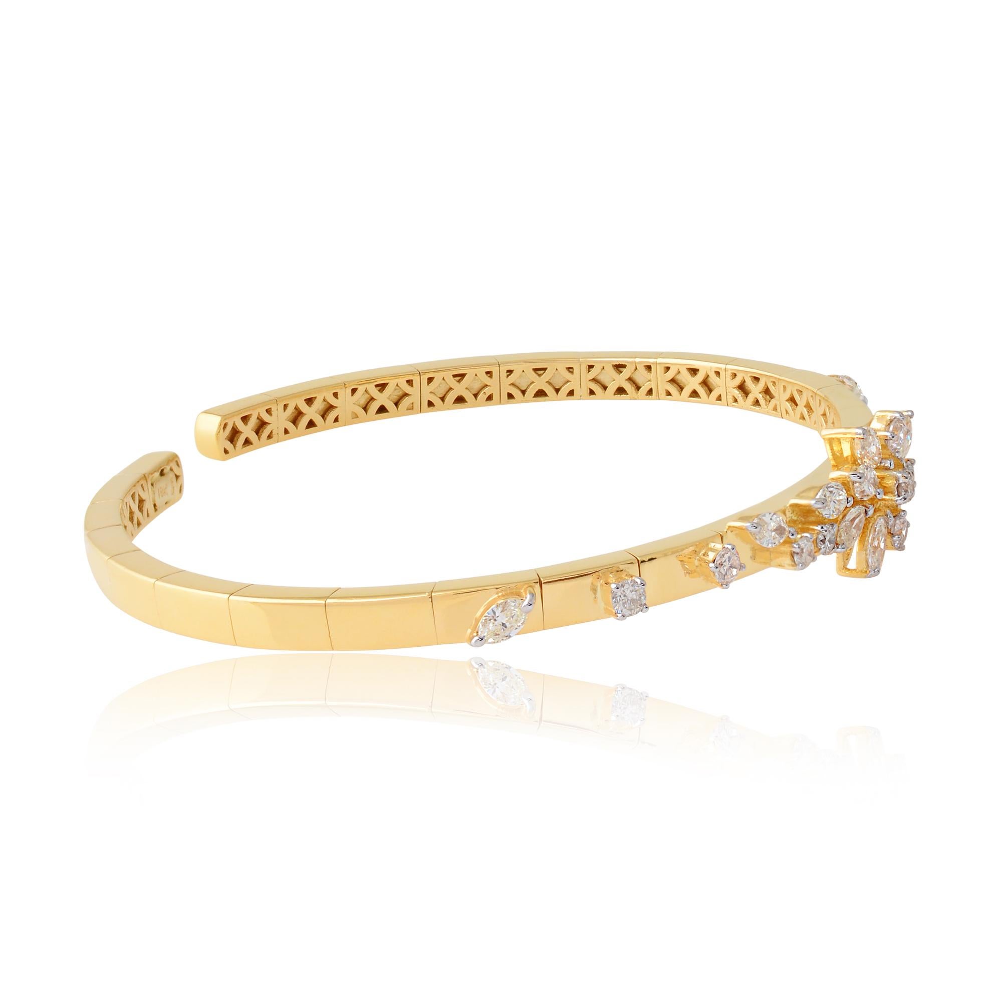 Natural Round Marquise Diamond Cuff Bangle Bracelet 14 Karat Yellow Gold Jewelry In New Condition For Sale In Diera, Dubai
