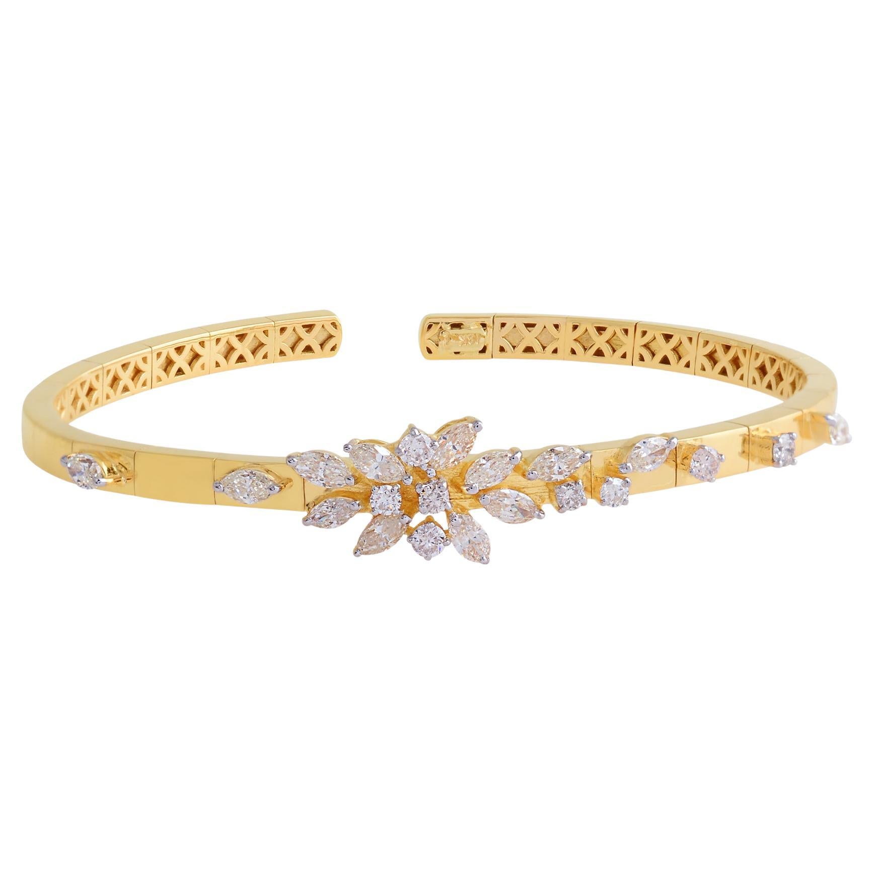 Natural Round Marquise Diamond Cuff Bangle Bracelet 18 Karat Yellow Gold Jewelry