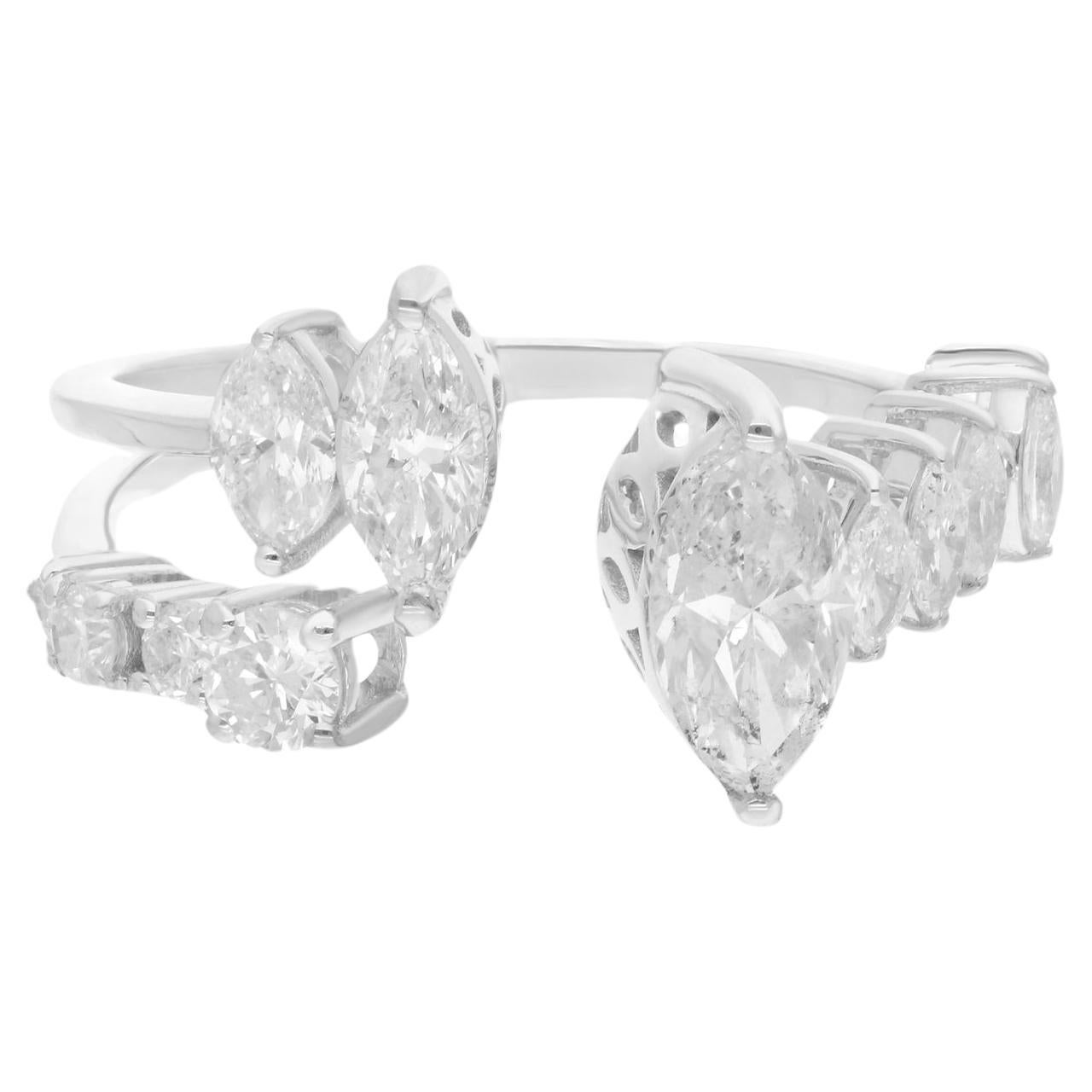Natural Round & Marquise Diamond Cuff Ring 14 Karat White Gold Handmade Jewelry For Sale