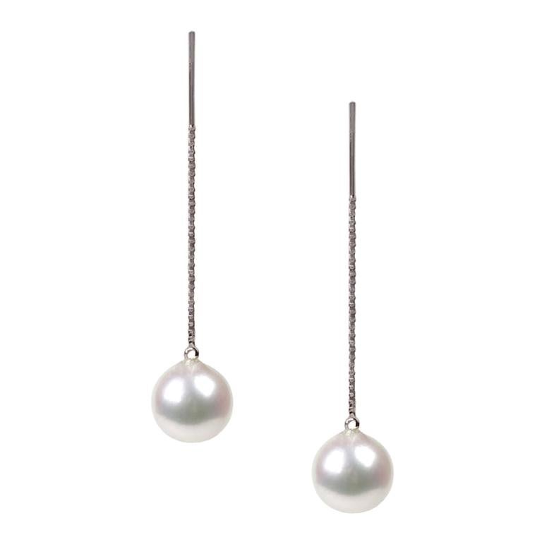 Natural Round Mayorca Pearl White Gold Chain Earrings