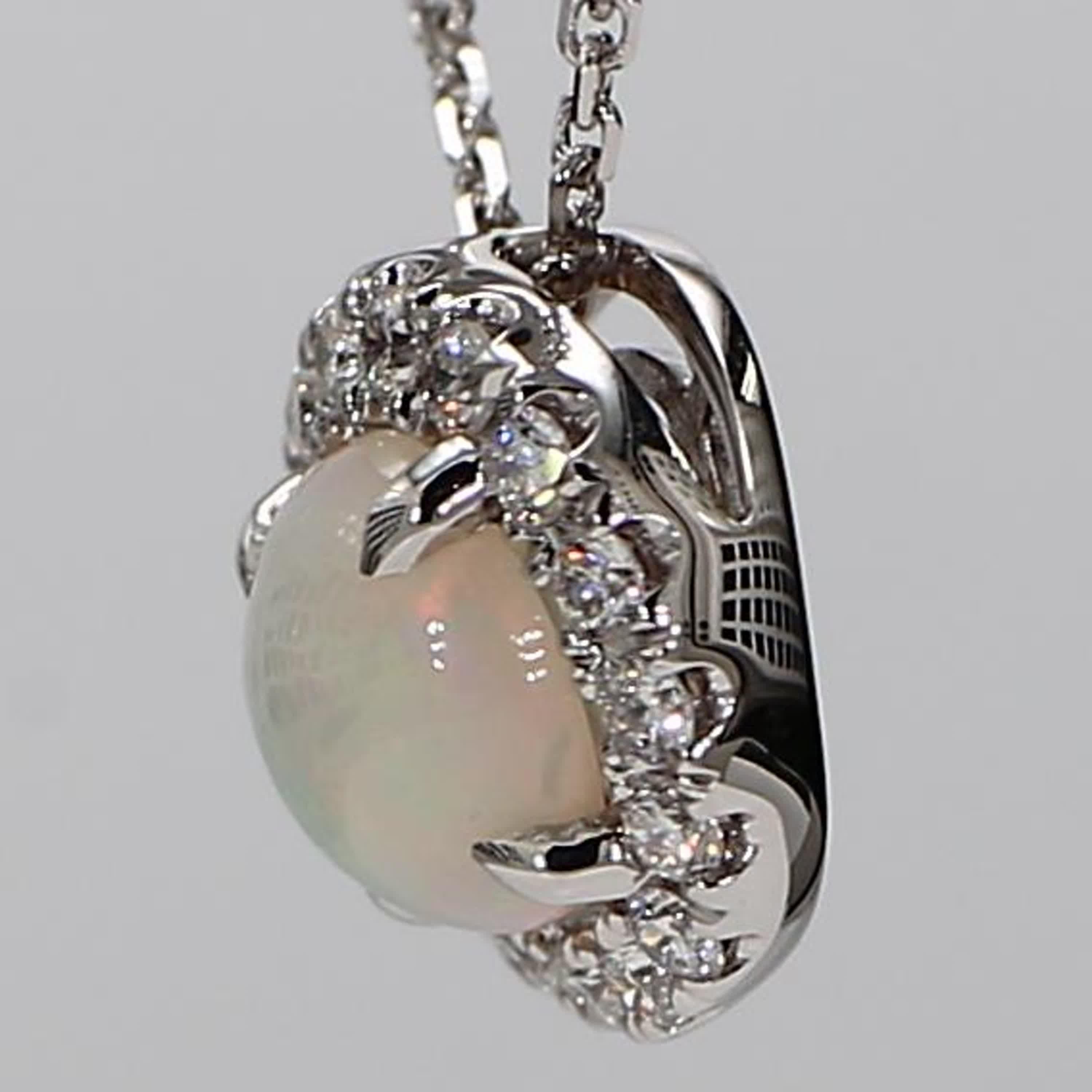 Contemporary Natural Round Opal and White Diamond 1.16 Carat TW White Gold Drop Pendant