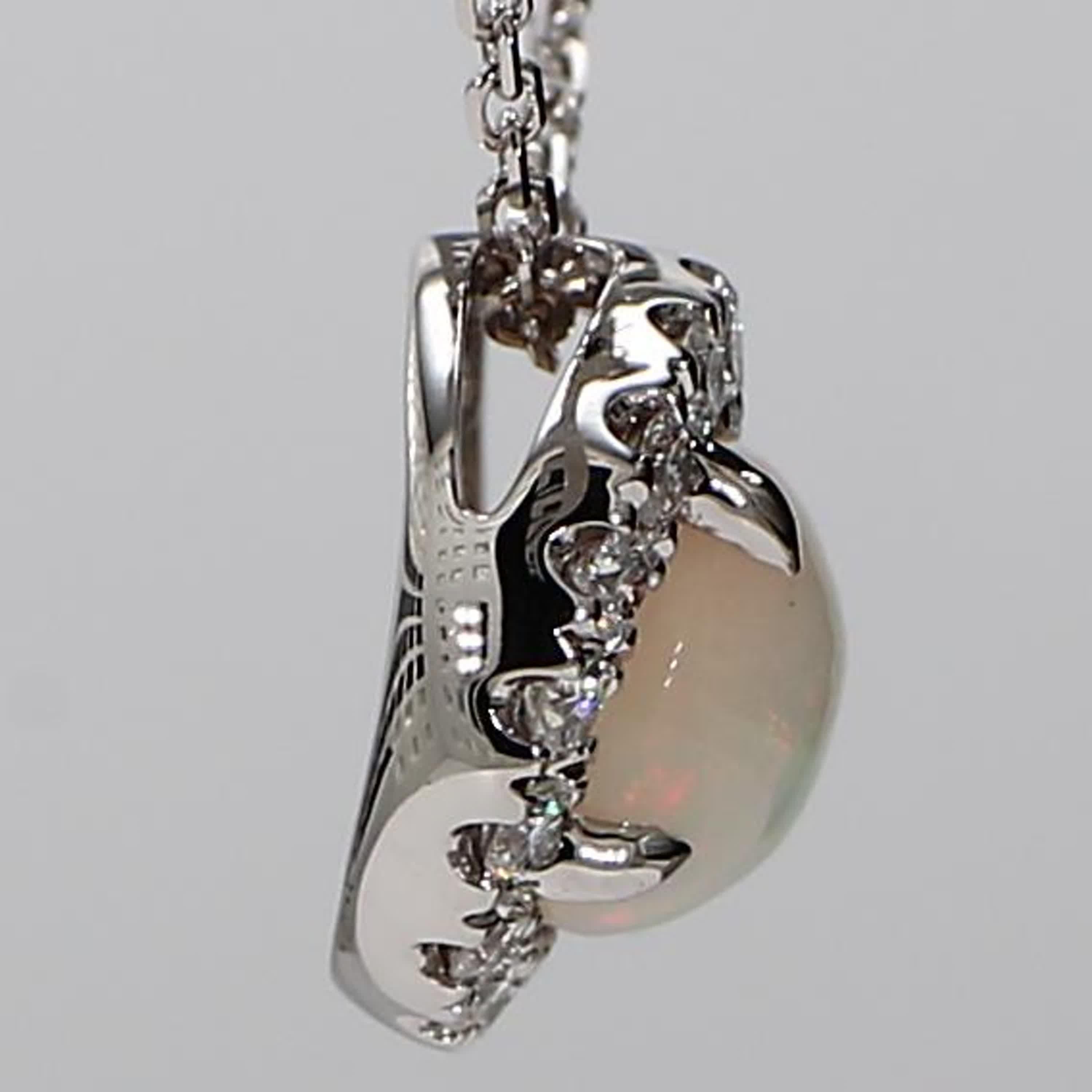 Women's Natural Round Opal and White Diamond 1.16 Carat TW White Gold Drop Pendant