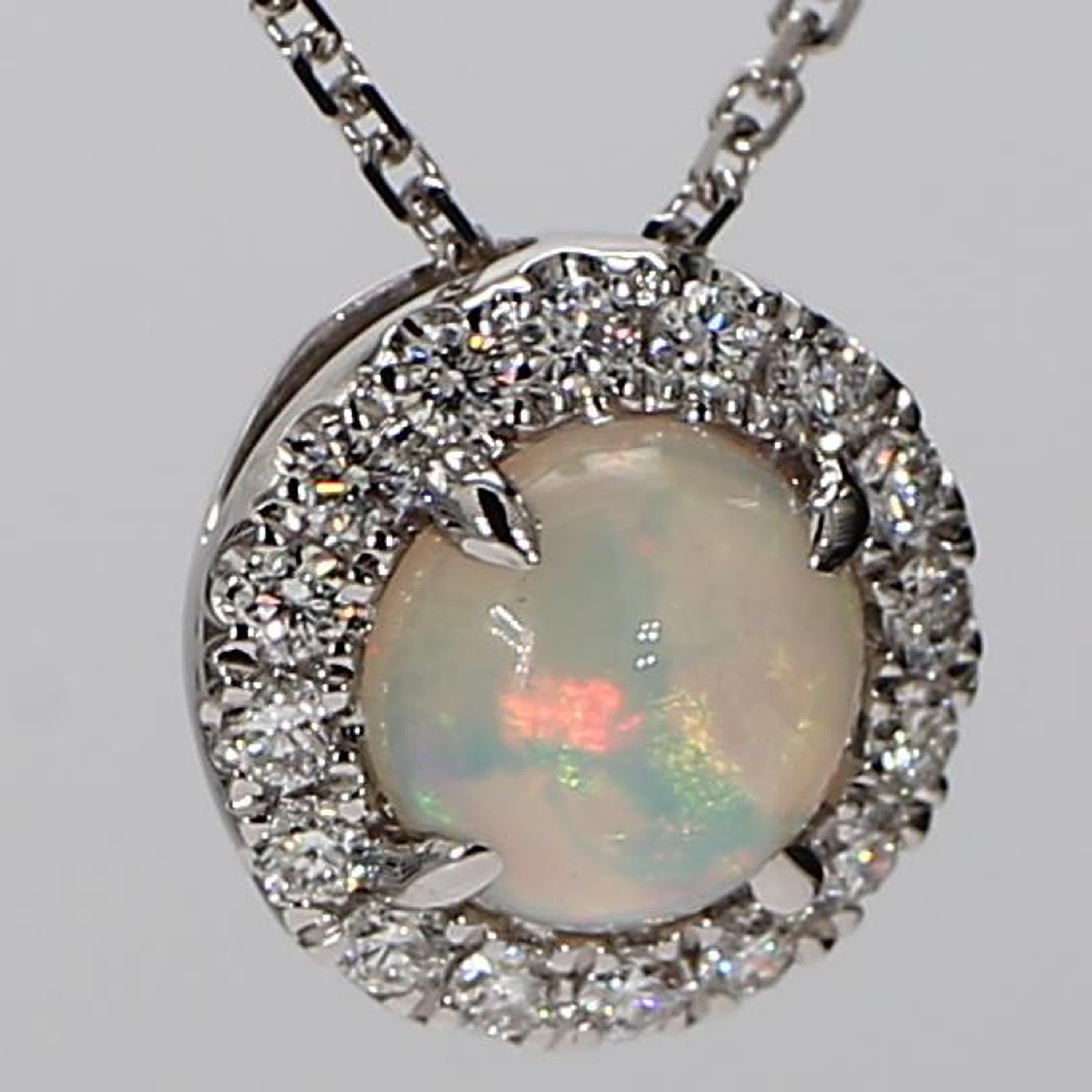 Natural Round Opal and White Diamond 1.16 Carat TW White Gold Drop Pendant 1
