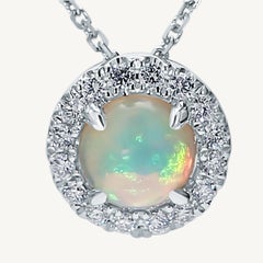 Natural Round Opal and White Diamond 1.16 Carat TW White Gold Drop Pendant