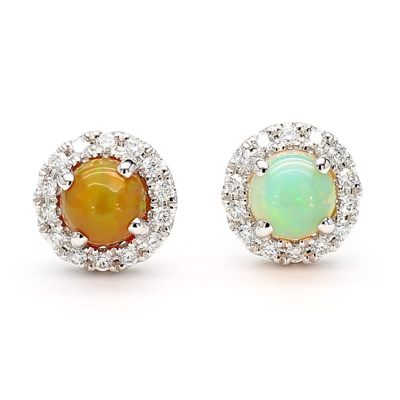 Taglio rotondo Natural Round Opal and White Diamond 1.86 Carat TW White Gold Stud Earrings in vendita