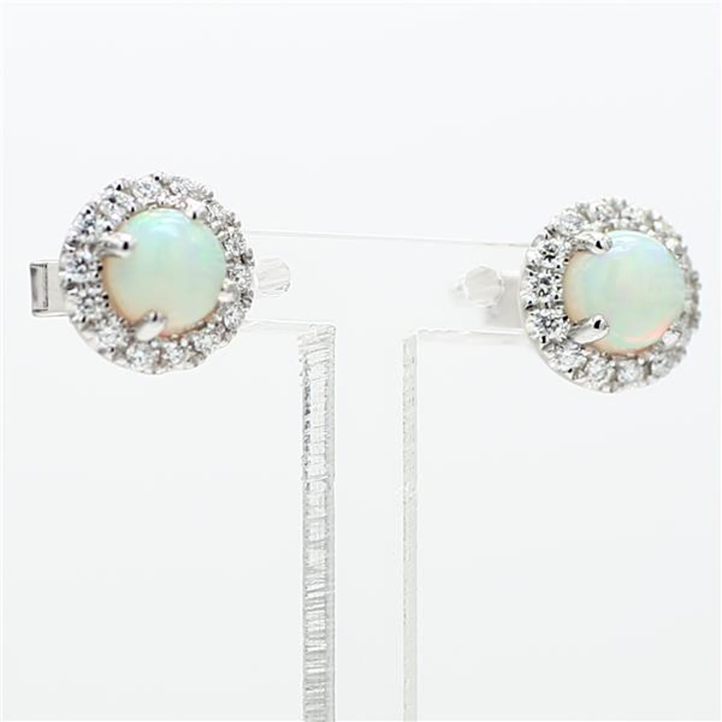 Natural Round Opal and White Diamond 1.86 Carat TW White Gold Stud Earrings For Sale 1