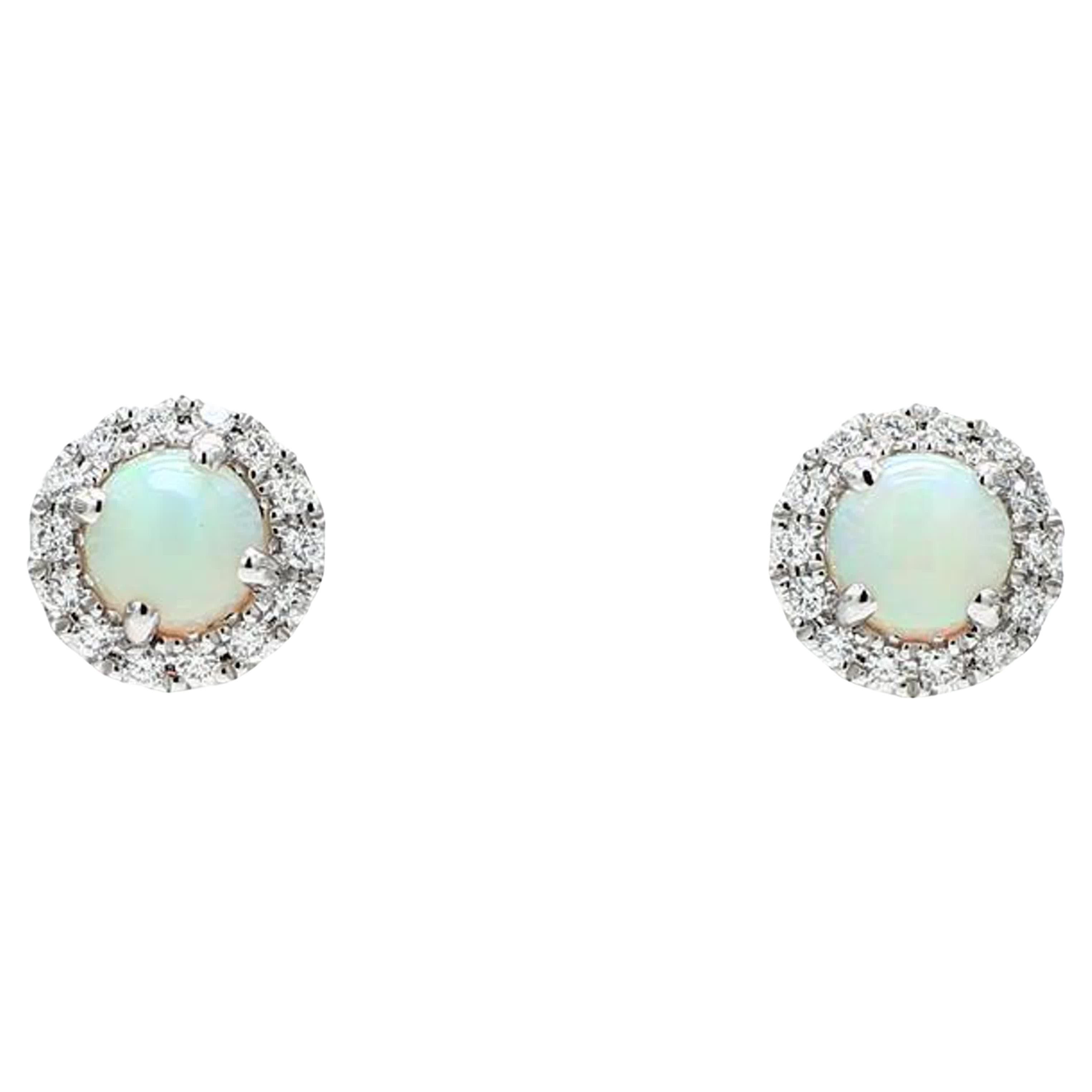 Natural Round Opal and White Diamond 1.86 Carat TW White Gold Stud Earrings For Sale