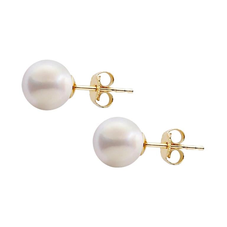 Natural Round Pearl Earrings Set in 14 Karat Yellow Gold For Sale