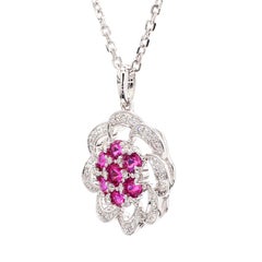 Natural Round Red Ruby and White Diamond 0.77 Carat TW Gold Drop Pendant