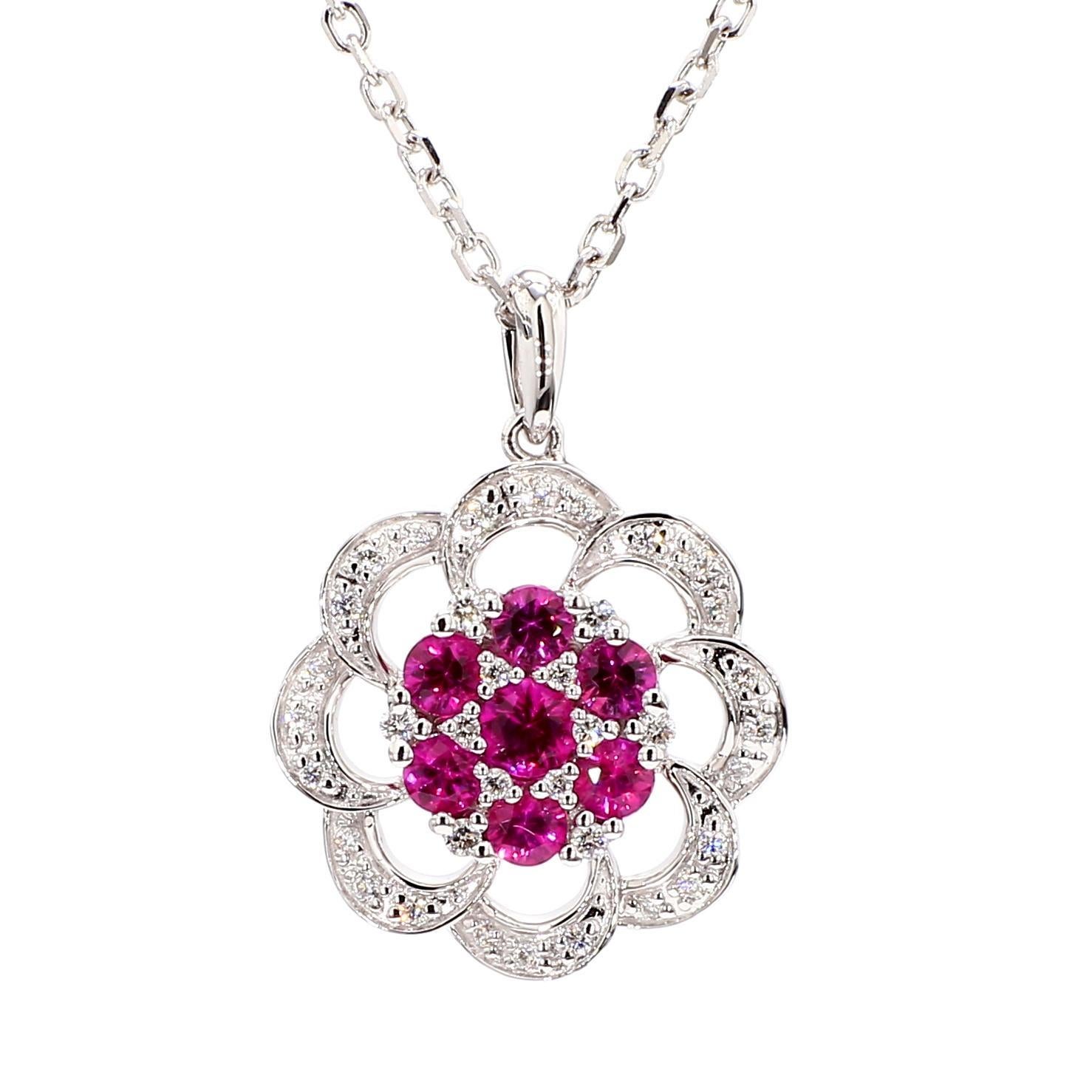 Contemporary Natural Round Red Ruby and White Diamond 0.77 Carat TW Gold Drop Pendant For Sale