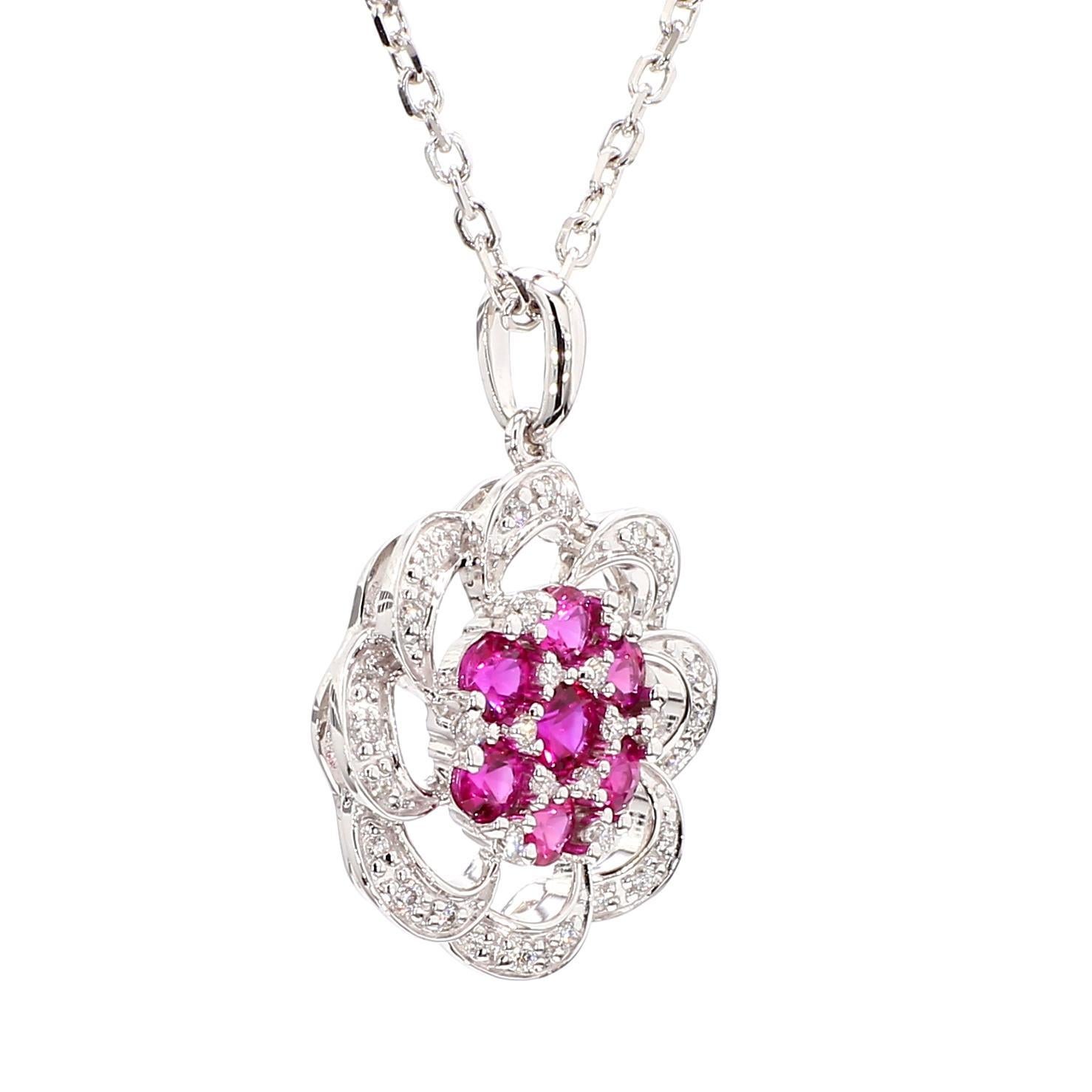 Round Cut Natural Round Red Ruby and White Diamond 0.77 Carat TW Gold Drop Pendant For Sale