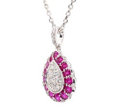 Natural Round Red Ruby and White Diamond 1.03 Carat TW Gold Drop Pendant