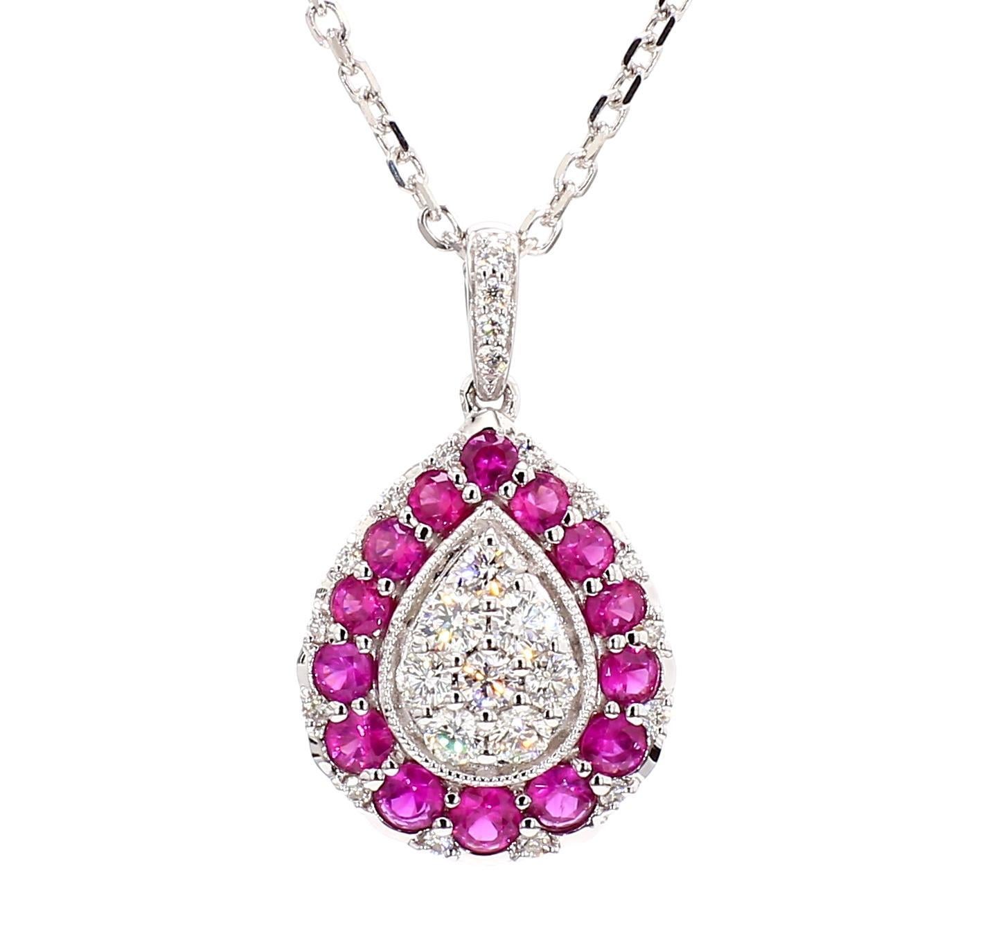 Contemporary Natural Round Red Ruby and White Diamond 1.03 Carat TW Gold Drop Pendant For Sale
