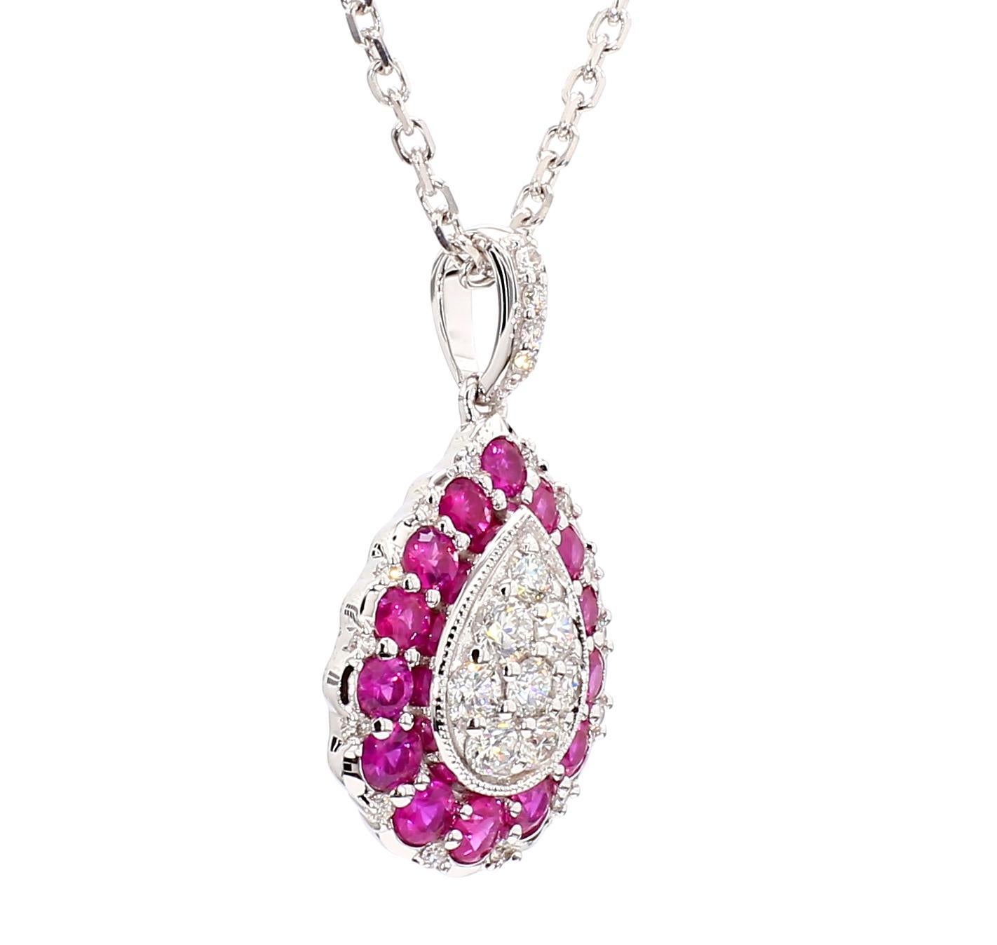 Round Cut Natural Round Red Ruby and White Diamond 1.03 Carat TW Gold Drop Pendant For Sale