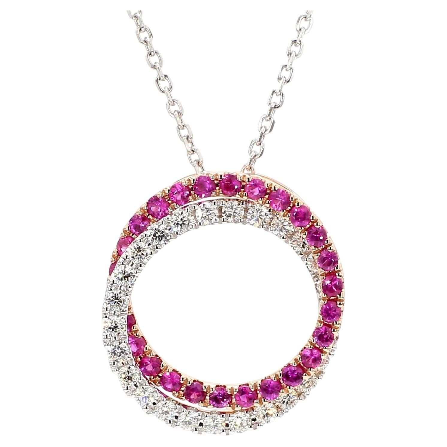 Natural Round Red Ruby and White Diamond 1.45 Carat TW Rose Gold Drop Pendant