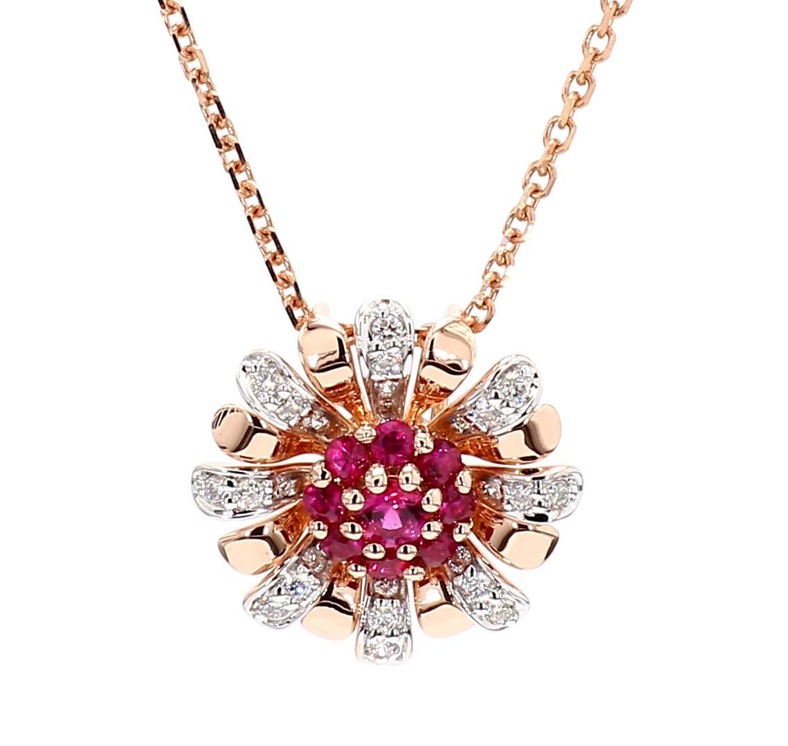 Colgante de oro rosa de 31 quilates TW de rubí rojo redondo natural y diamante blanco Contemporáneo en venta