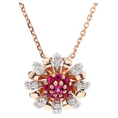 Natural Round Red Ruby and White Diamond .31 Carat TW Rose Gold Pendant