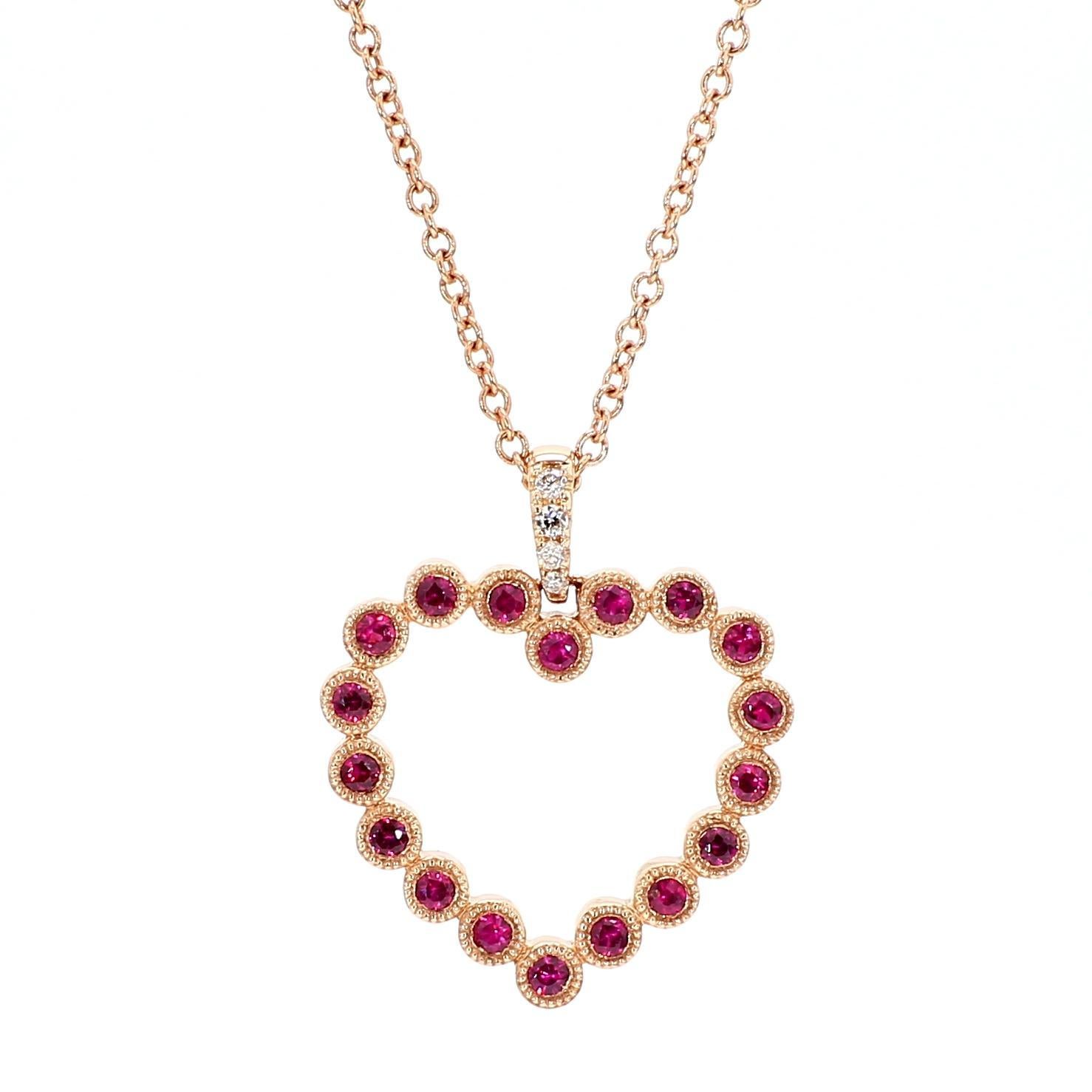 Contemporary Natural Round Red Ruby and White Diamond .34 Carat TW Rose Gold Drop Pendant For Sale