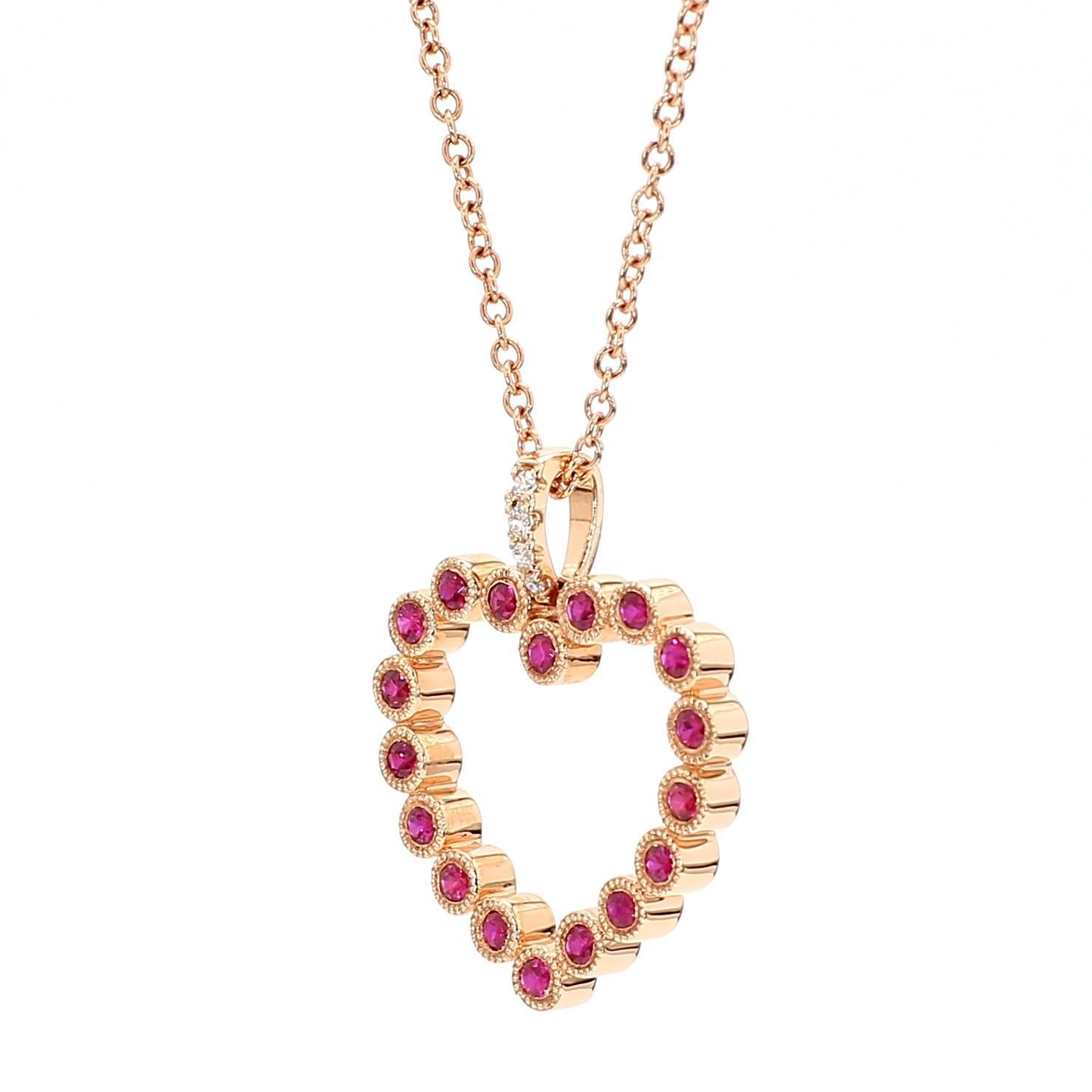 Round Cut Natural Round Red Ruby and White Diamond .34 Carat TW Rose Gold Drop Pendant For Sale