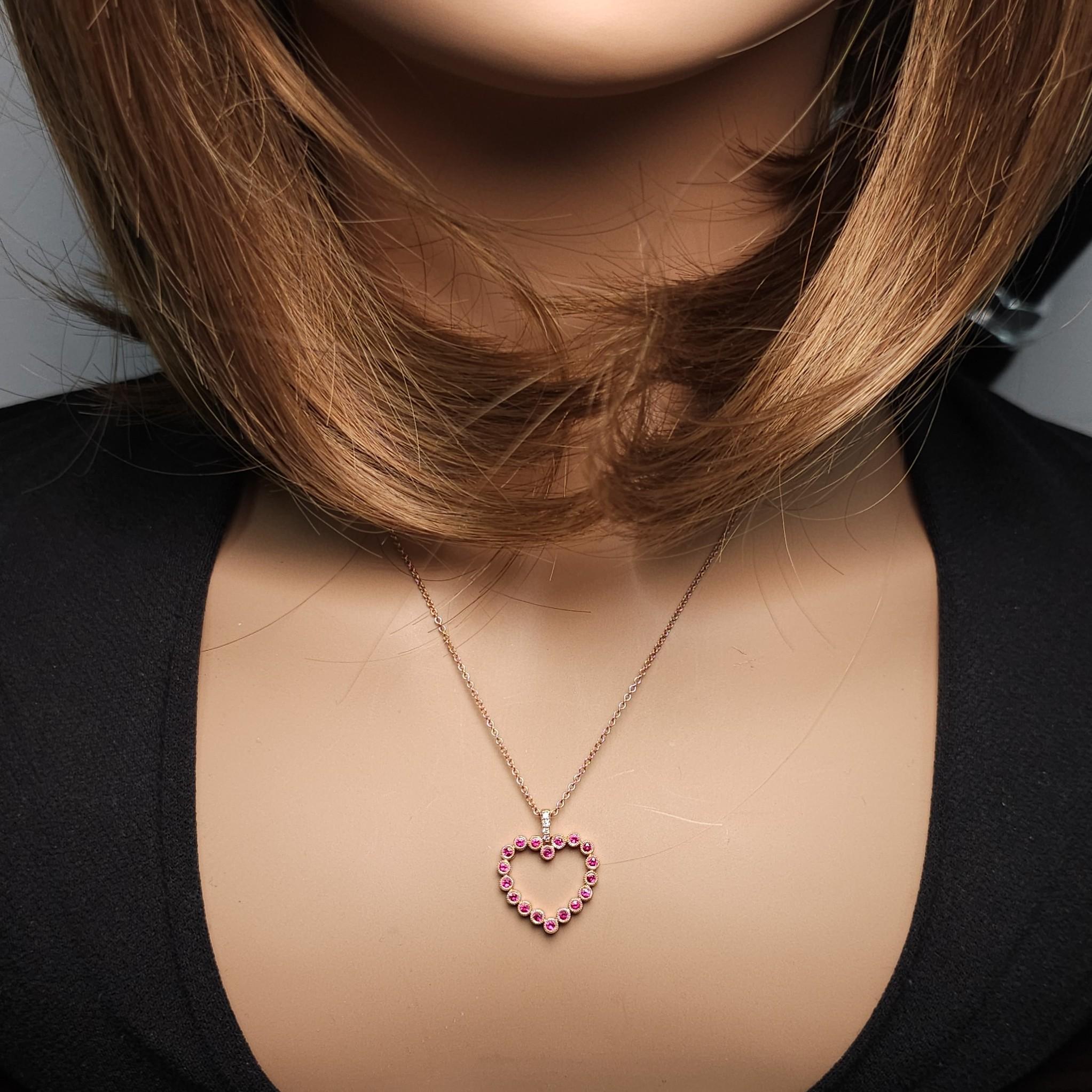 Natural Round Red Ruby and White Diamond .34 Carat TW Rose Gold Drop Pendant In New Condition For Sale In New York, NY