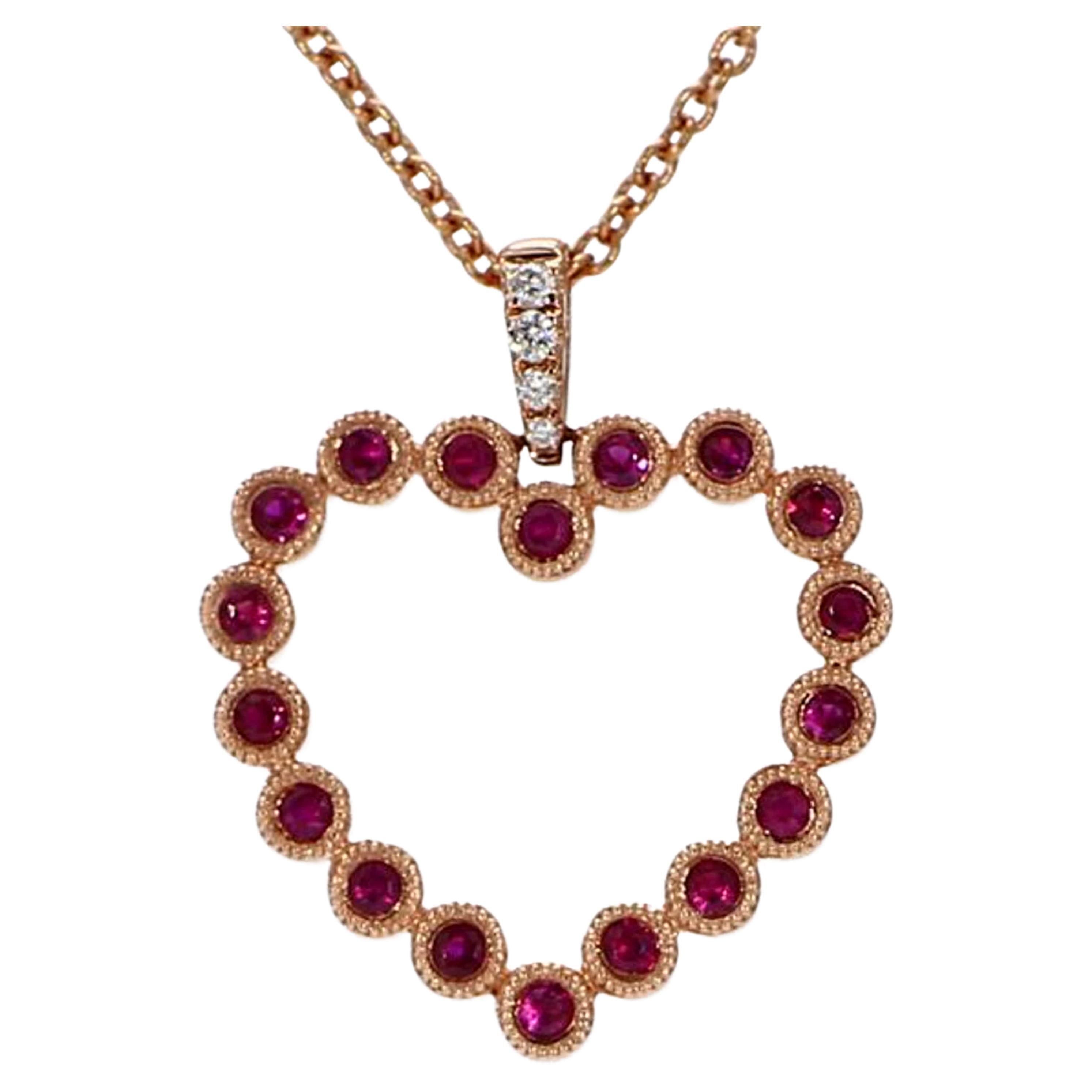 Natural Round Red Ruby and White Diamond .34 Carat TW Rose Gold Drop Pendant For Sale