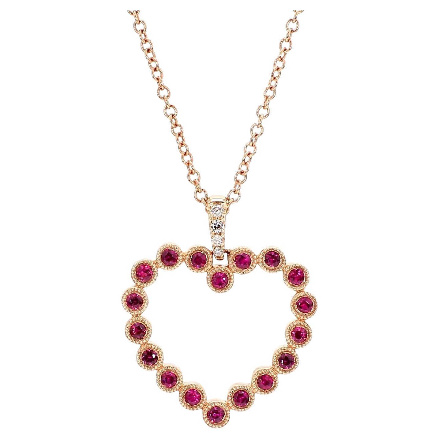 Ciondolo a goccia in oro rosa con rubino rosso tondo naturale e diamante bianco da 34 carati TW