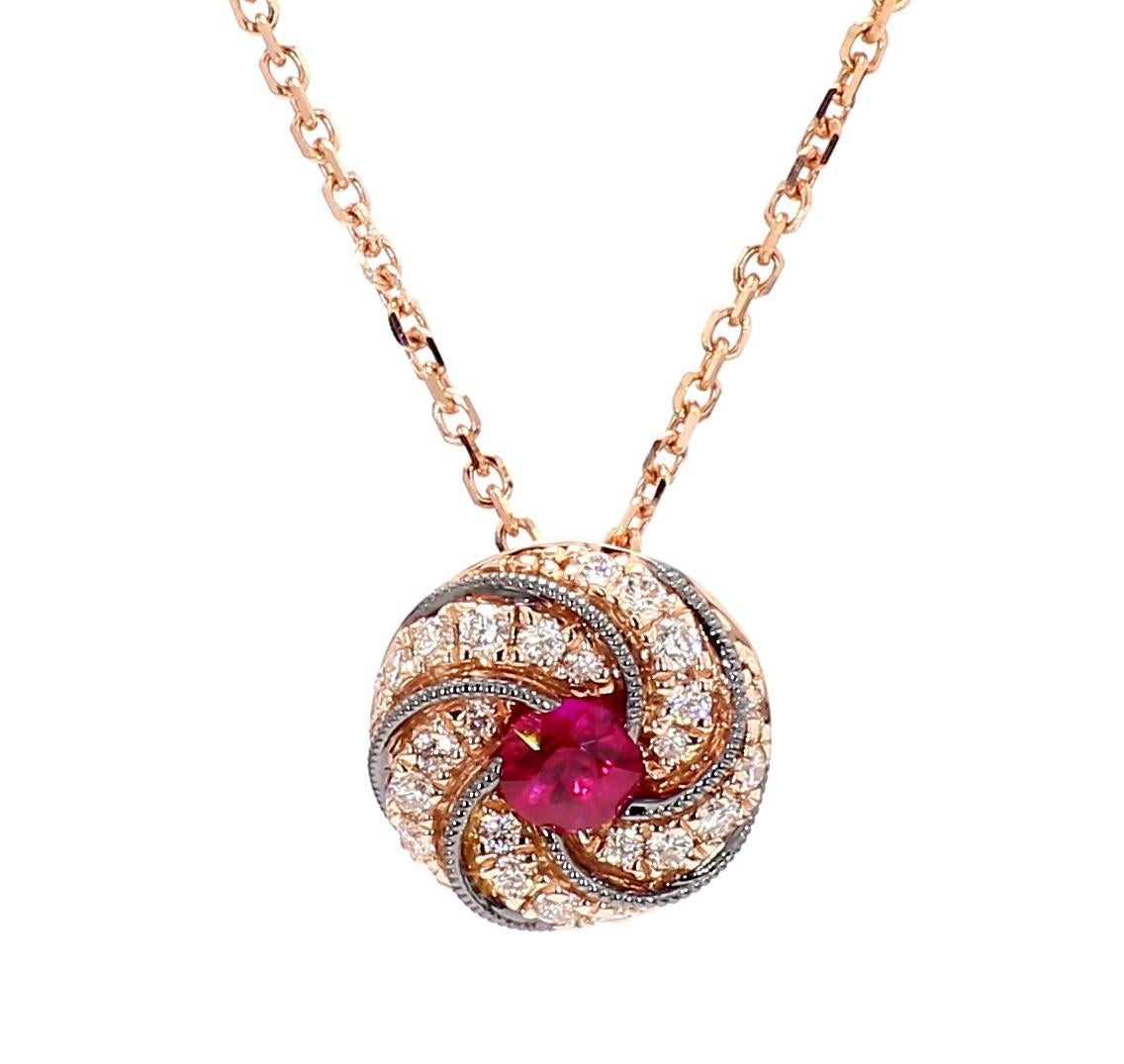 Colgante de oro rosa de 35 quilates TW de rubí rojo redondo natural y diamante blanco Contemporáneo en venta