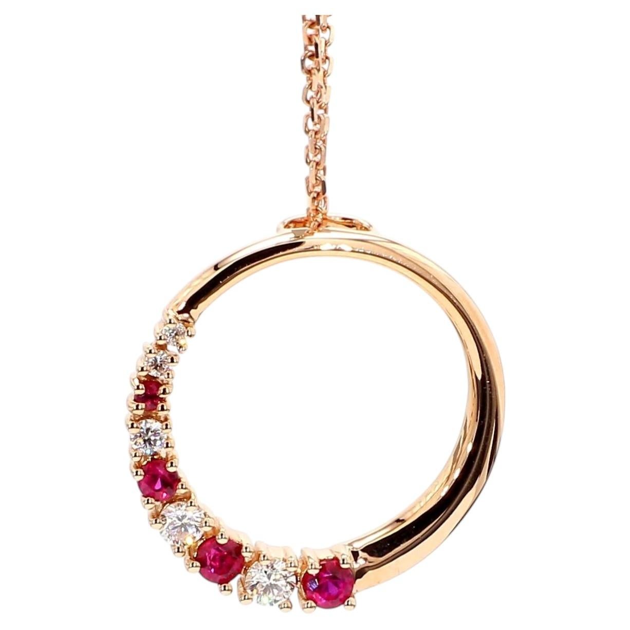 Natural Round Red Ruby and White Diamond .37 Carat TW Rose Gold Drop Pendant For Sale
