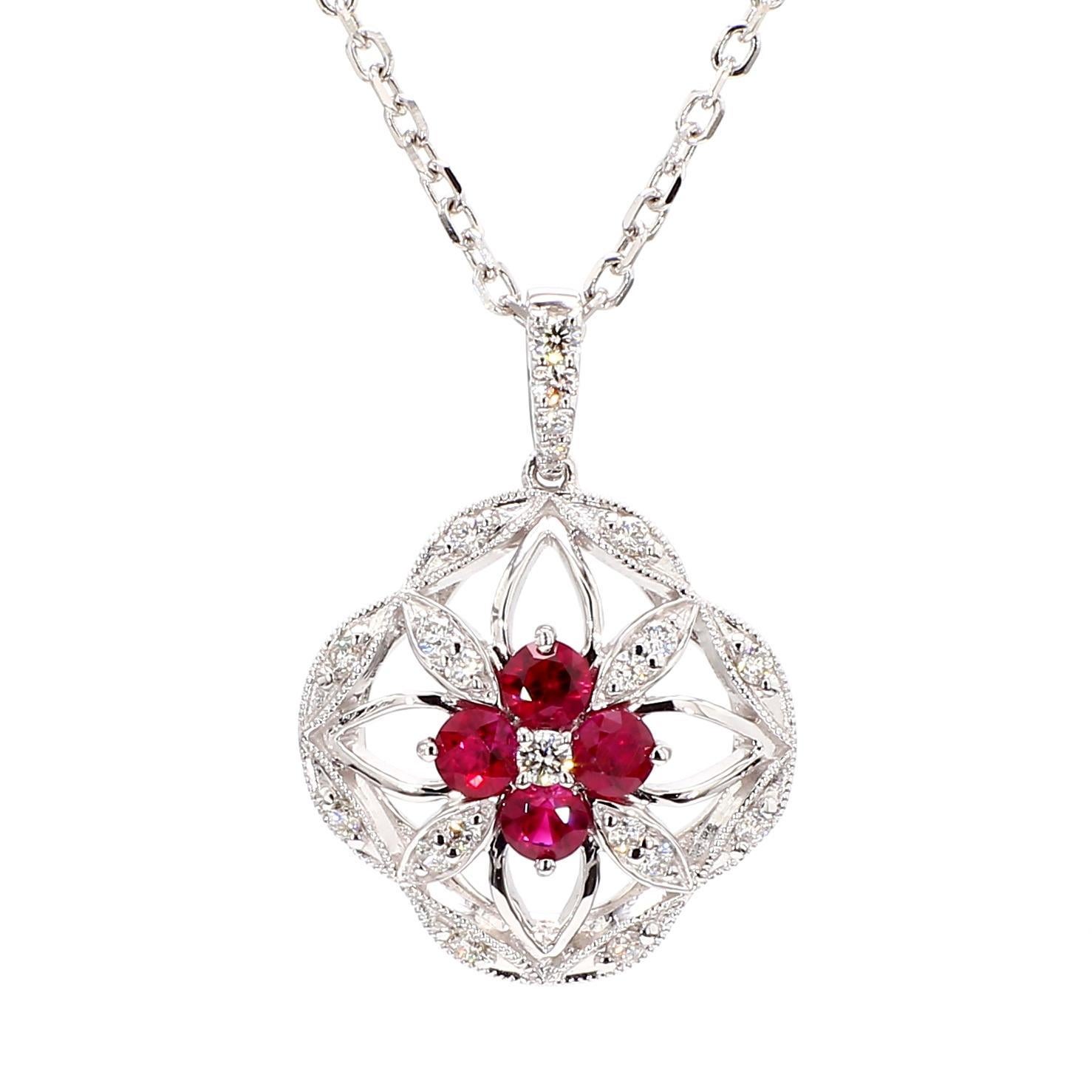 Collar de Oro Blanco con Gota de Rubí Rojo Redondo Natural y Diamante Blanco de 0,62 Quilates TW Contemporáneo en venta