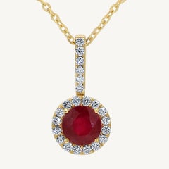 Natural Round Red Ruby and White Diamond .69 Carat TW Yellow Gold Pendant