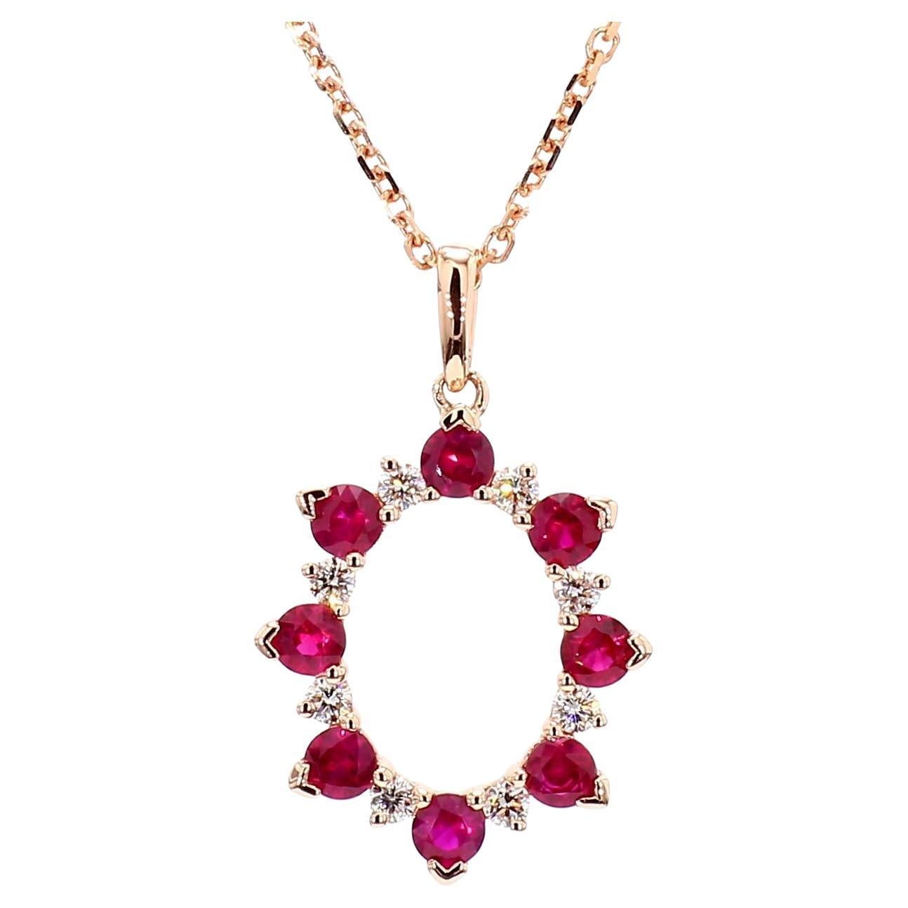 Natural Round Red Ruby and White Diamond .70 Carat TW Rose Gold Pendant