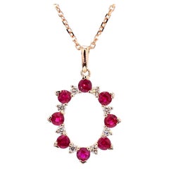 Natural Round Red Ruby and White Diamond .70 Carat TW Rose Gold Pendant