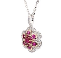 Natural Round Red Ruby and White Diamond .77 Carat TW Gold Drop Pendant